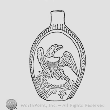 American eagle head turned to the right. Shield with seven bars on breast; wings partly raised and right foreshortened. Thunderbolt (three arrows) in his right talons, no olive branch in left. Laurel branch in eagles beak, no stars above eagle. Eagle stands on oval frame broken  at top with inner band of twelve fairly large pearls. Olive branches on weightier side of lower portion of panel
