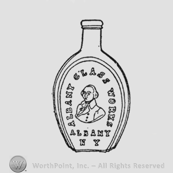 Writing "Albany Glass Works" above and "Albany NY" under bust of Washington, small three-quarter view facing left in uniform
