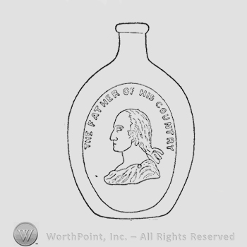 Washington classical profile bust with queue tied with three ribbons, toga showing and capital writing "The Father of His Country" above