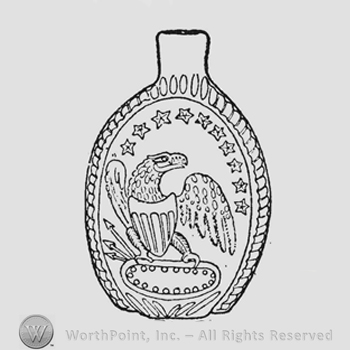 American eagle, head turned to right. Shield with five bars on breast, wings partly raised foreshortened. Thunderbolt (three arrows) in its right talons. Ten large five-pointed stars in semi-circle above eagle. Eagle stands on oval frame with inner band of nineteen medium-size pearls. Short diagonal ribbing beneath frame.
