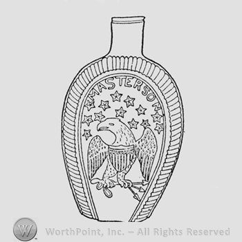 American eagle, head turned to left. Shield with eight vertical and three horizontal bars on breast, wings partly raised, feathers appear very fine. Thunderbolt (three arrows) in left talons, olive branch in right. Thirteen fairly large five-pointed stars grouped above eagle. "Masterson" written in semi-circle above stars