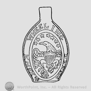 American eagle head turned to left. Shield with seven vertical bars on breast; wings partly raised and left foreshortened. Thunderbolt (two arrows) in left talons, large olive branch in right. Six cannon balls below olive branch. Above eagle seven five-pointed stars. "Wheeling" is written in semi-circle above upper part of panel and "Knox & McKee" is written around lower part of panel