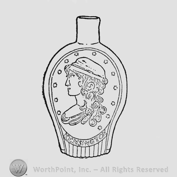 Columbia with Liberty Cap facing left. "Kensington" written in narrow curved frame below oval panel containing bust. Thirteen small six-pointed stars surrounding bust, ten short graduated vertical ribs at bottom of flask