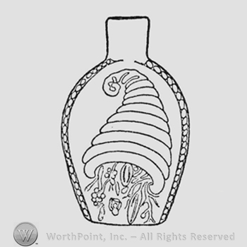 Inverted cornucopia, coiled to left and filled with produce. Cornucopia has twelve ribs
