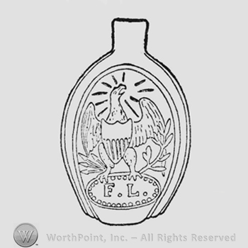 Designs on oval panels. American eagle, head erect and turned left, wings partly raised and right foreshortened. Large shield with seven vertical bars on breast. Thunderbolt (four arrows) in its right talons, large olive branch in left. Scattered sun rays surround eagle's head. Eagle stands on oval frame with inner band of tiny pearls, and containing letters "F.L."