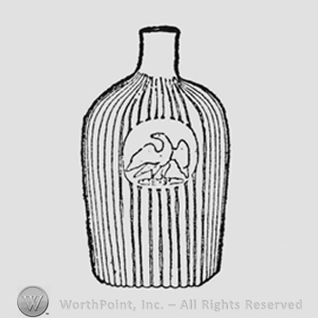 Entire flask vertically ribbed except for small circular raised medallion about the size of a silver dollar on each side. The medallion carries a small American eagle standing on narrow base; wings partly raised and head turned back to left
