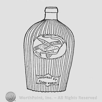 Large oval panel, top and bottom indented, containing American eagle, facing right, wings raised above and parallel to body. Eagle rests on shield with five vertical bars. In eagle's beak narrow ribbon extending upward and above eagle and below through shield. Thunderbolt (four arrows) protrudes from left side of shield just below ribbon. On lower part of flask rectangular panel with inscription: "Louisville Ky Glass Works"