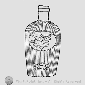 Large oval panel, top and bottom indented, containing American eagle, facing right, wings raised above and parallel to body. Eagle rests on shield. In eagle's beak narrow ribbon extending upward and above eagle and below through shield. Thunderbolt (four arrows) protrudes from left side of shield just below ribbon. On lower part of flask rectangular panel with inscription: "Louisville Ky Glass Works"