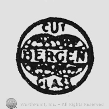 Writing "Cut" up, "Glass" down, "Bergen" on a label over two globes middle all inside a circle