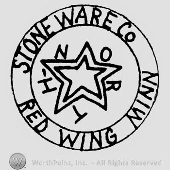 Double outlined star with the word North going clockwise inside a double outlined cirlce. Around it's written Stone Ware Co, Red Wing Minn