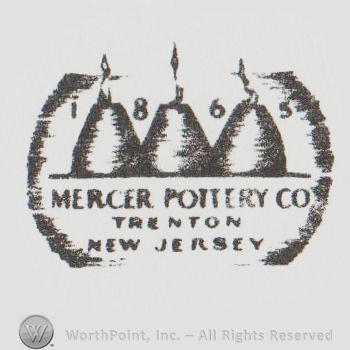 logo that includes three bell shaped buildings, Mercer Pottery Co Trenton New Jersey written below with uppercase letters