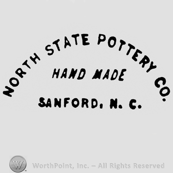 North State Pottery Co.: curved, capital and bold written on top. Hand Made: italic, capital and bold written under. Sanford, N.C.: capital and bold written on the bottom