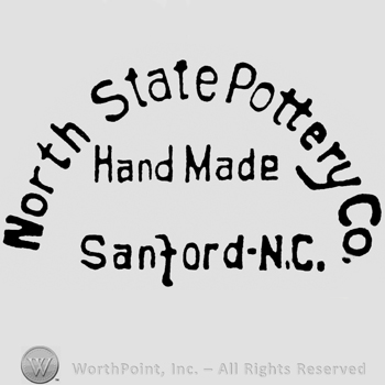 North State Pottery Co.: curved, capital and bold written on top. Hand Made: italic, capital and bold written under. Sanford, N.C.: capital and bold written on the bottom