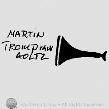Image of a horn on the right, Martin Trompvaw Holtz handwritten on the left on 3 lines