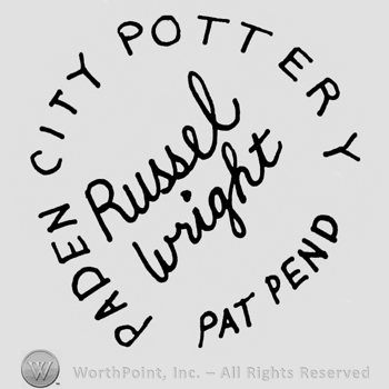 Writings in shape of a circle: Paden City Pottery Pat Pend. Russel Wright: handwritten inside.