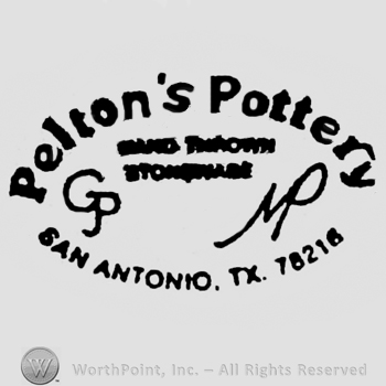 Curved writing above: Pelton's Pottery. Monogram of GJP on the left, Monogram of MP on the right, below. San Antonio Tx written on the bottom. Forming an oval.