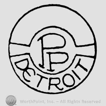 Empty label above, initials P P in the middle, label with Detroit written inside. All inside a circle.