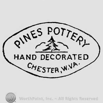 Pines Pottery: curved written on top. Image of a tree in the middle. Hand decorated written below. Chester, W.Va: curved written on the bottom. All inside an oval.