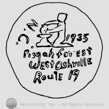 Image of a potter. 1935 written on the right side. Pisgah Forest West Oshville Route 19 written under. N.C. written on the left side