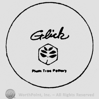 Glick: handwritten above a maple leaf inside a hexagon, Plum Tree Pottery is written below. All inside a circle