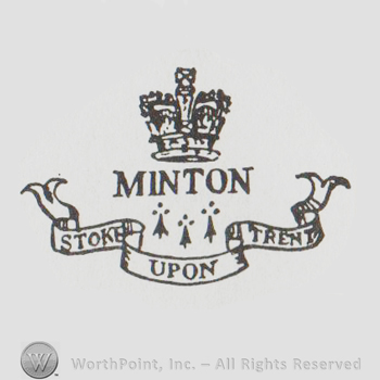 a crown above uppercase Minton over a banner with "stoke upon trent" written also with uppercase letters