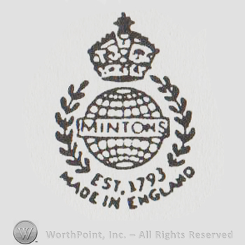 an earth globe with a crown above, round branches ornament around it, Mintons written on the globe with uppercase letters, Est. 1793 Made in England written below with uppercase letters