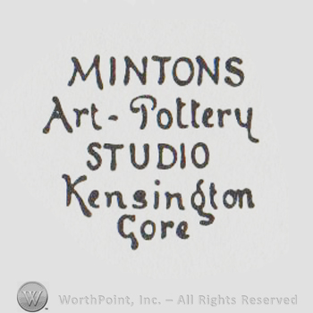 the text MINTON ART POTTERY STUDIO KENSINGTON GORE written with uppercase and lowercase letters