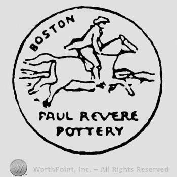 Woman on a horse. Boston written on the upper left, Paul Revere Pottery written below, inside a circle