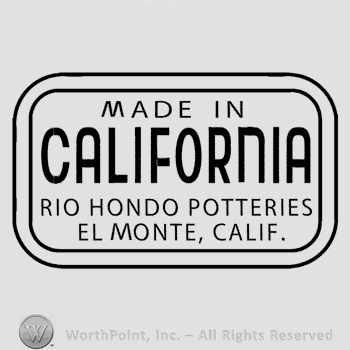 Made in California Rio Mondo Potteries El Monte, Calif written on 4 lines inside a rectangle