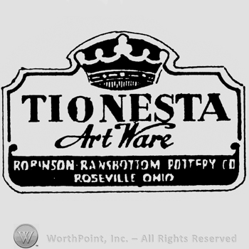 Tionesta written under a crown. Art Ware: handwritten below the writing. Robinson Ransbottom Pottery Co, Roseville Ohio written on the bottom of the label