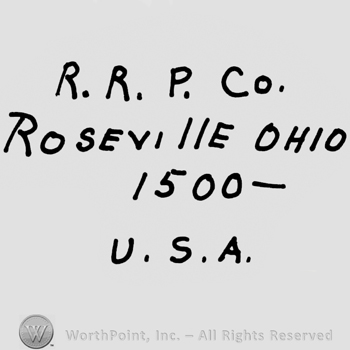 Writings on 4 lines: R.R.P.Co, Roseville Ohio, 1500 -  U.S.A.