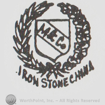 Shield with uppercase M&Co surrounded by a round design of branches, Iron Stone China written with uppercase letters below