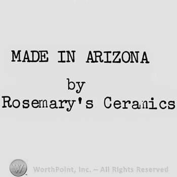 Capital writings on 3 lines: Made in Arizona by Rosemary's Ceramics