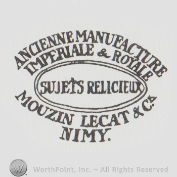 oval logo with "acienne manufacture imperiale & royale sujets relicieux mouzin lecat & co nimy" written with uppercase letters