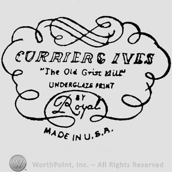 Currier & Ives written above handwritten The Old Grist Mill, between quotation marks. Underglaze print written under. By Royal is written below inside a circle. Made in U.S.A. written under all