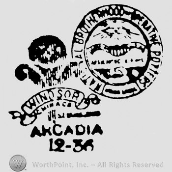Circle with writing on the right, mark with a ribbon on which is written Windsor on the left. Arcadia 12-36 written under