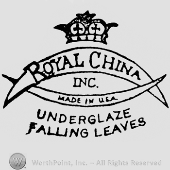 Crown above, 2 ribbons on which are written: Royal China and Made in U.S.A. Underglaze Falling Leaves written below