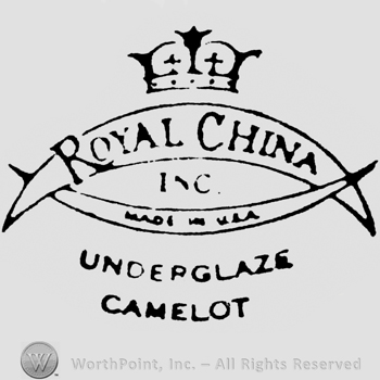 Crown above, 2 ribbons on which are written: Royal China and Made in U.S.A. Underglaze Camelot written below
