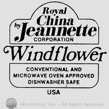 Royal China Jeannette written inside a circle linked to a rectangle. Windflower written between. Set of characteristics written below inside a rectangle