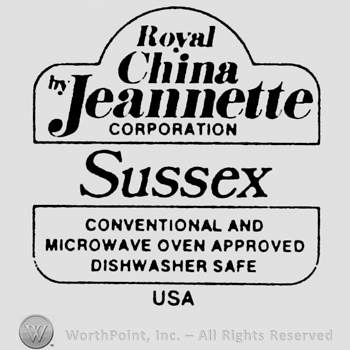 Royal China Jeannette written inside a circle linked to a rectangle. Sussex written between. Set of characteristics written below inside a rectangle