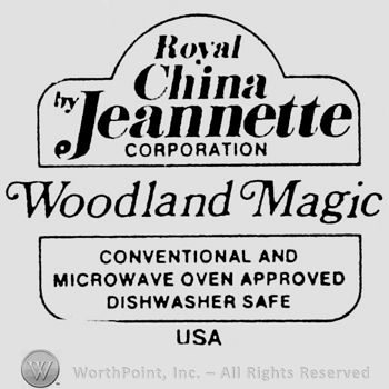 Royal China Jeannette written inside a circle linked to a rectangle. Woodland Magic written between. Set of characteristics written below inside a rectangle. USA written under all