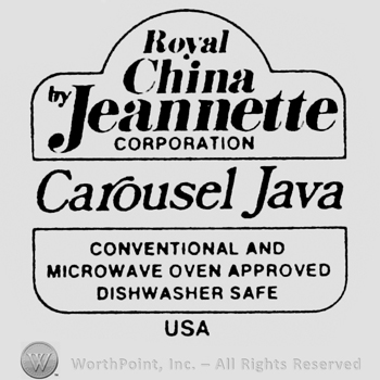 Royal China Jeannette written inside a circle linked to a rectangle. Carousel Java written between. Set of characteristics written below inside a rectangle. USA written under all