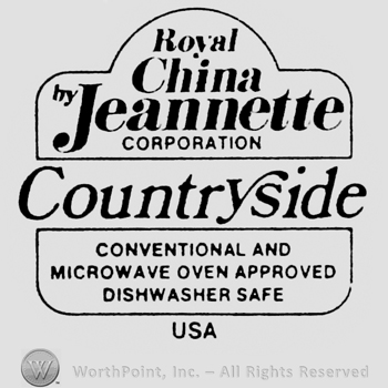 Royal China Jeannette written inside a circle linked to a rectangle. Country Side written between. Set of characteristics written below inside a rectangle. USA written under all
