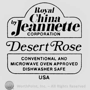Royal China Jeannette written inside a circle linked to a rectangle. Desert Rose written between. Set of characteristics written below inside a rectangle