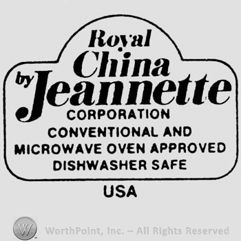 Royal China by Jeannette Corporation, followed by a set of characteristics are written inside a circle placed in a rectangle shape. USA written below