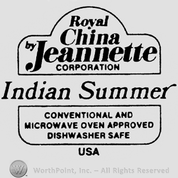 Royal China Jeannette written inside a circle linked to a rectangle. Indian Summer written between. Set of characteristics written below inside a rectangle