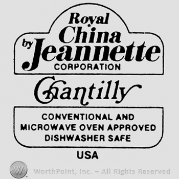 Royal China Jeannette written inside a circle linked to a rectangle. Ghantilly written between. Set of characteristics written below inside a rectangle. USA written below all