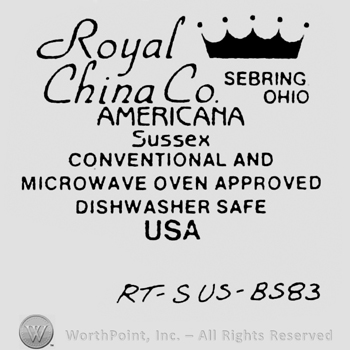 Royal China Co written on the left side, on 2 rows, a black crown with Sebring Ohio written under on the right side. Americana Sussex followed by characteristics and USA written under. RT-SuSu-B583 written below all