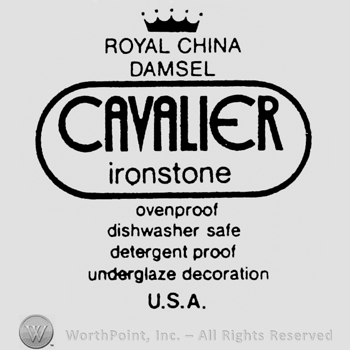 Royal China Damsel written below, a crown above. Cavalier Ironstone written under inside an oval. List of characteristics and U.S.A written below