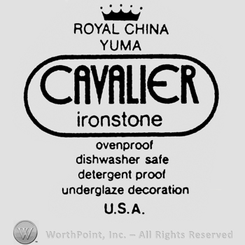 Royal China Yuma written below a crown. Cavalier Ironstone written under inside an oval. List of characteristics and U.S.A written below